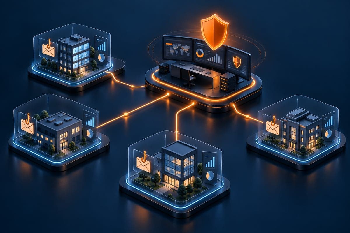 Isometric MSP platform connecting a central security dashboard to four isolated client companies